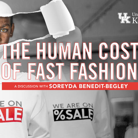 Virtual flyer with wording "The Human Cost of Fast Fashion" across the center in white and orange