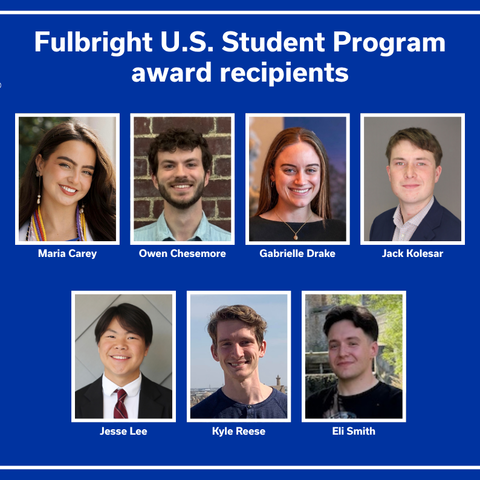 Graphic announcing Fulbright U.S. Student Program award recipients, with six headshots arranged in two rows and recipient names displayed beneath each photo.