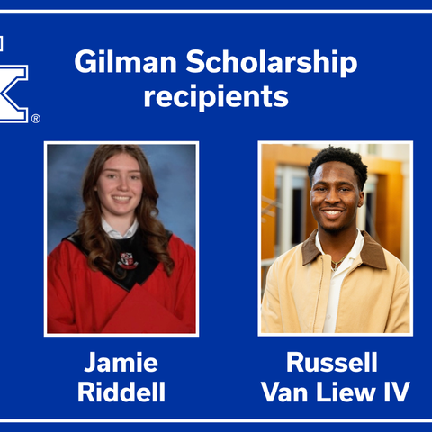 UK graphic titled "Gilman Scholarship recipients" featuring headshots of Jamie Riddell and Russell Van Liew IV on a blue background with a UK logo.
