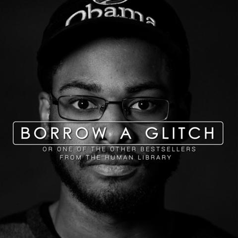 headshot photo of student with words "Borrow A Glitch" over his face