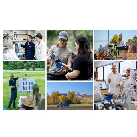 Collage of agricultural and scientific research activities. Images show researchers working with laboratory equipment, conducting field demonstrations, collecting soil samples outdoors, operating agricultural planting equipment in a field.