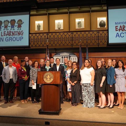 Louisville Mayor Craig Greenberg announced the members of the Early Learning Action Group, including UK's Hans Petersen (in green behind Mayor Greenberg), on June 13, 2023. Photo courtesy of Louisville Mayor Craig Greenberg's Office.