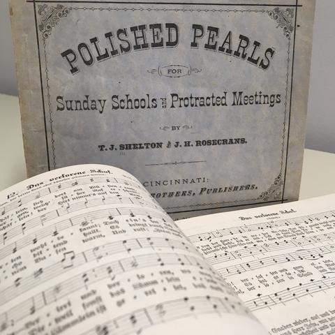 photo of cover and pages from "Polished Pearls for Sunday Schools and Protracted Meetings" 
