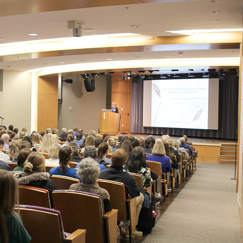 Dr. Cynda Ruston speaks with nursing students in the Karpf Auditorium.