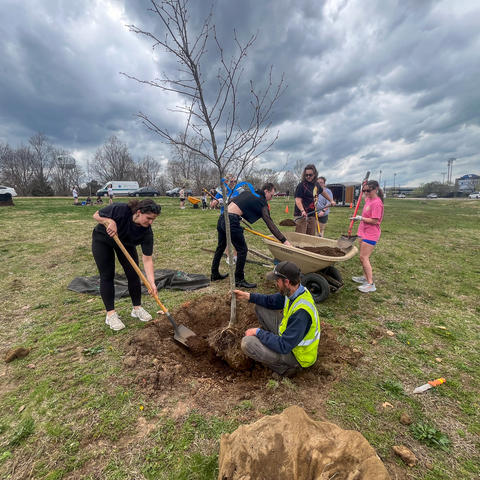 Nic Williamson (in the yellow vest) assists students in planting trees. 