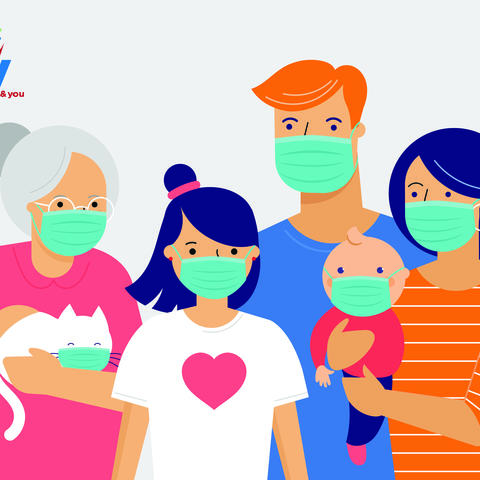 Illustration of a family, grandmother, and cat wearing protective face masks 