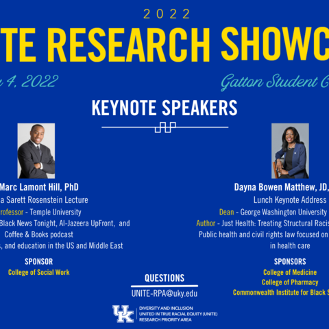 The 2022 UNITE Research Showcase will feature keynotes by Marc Lamont Hill, Ph.D. and Dayna Bowen Matthew, J.D., Ph.D.