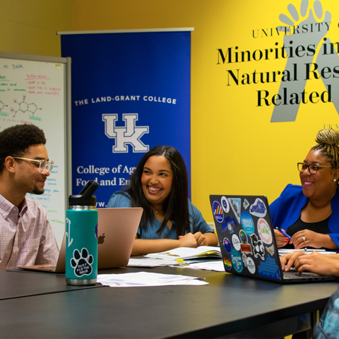 Left to right: Harrison Goode, MANRRS Vice President, Jazmine Faulkner, MANRRS President, Mia Farrell, Associate Dean for Diversity, and Maya Horvath, MANRRS Student Council Rep, in the new community room in N24 Ag North. Photo by Seth Riker