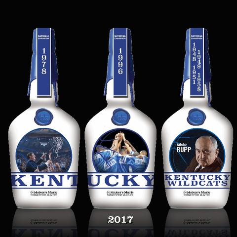photo of series of Maker's Mark bottles featuring the NCAA basketball titles as of 2017
