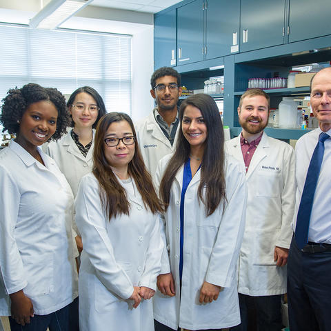 UK Superfund Research Center director Bernhard Hennig (right) with doctoral students who are part of the center’s “Project #1,” which examines how nutrients affect toxicity caused by PCBs in vascular tissues.