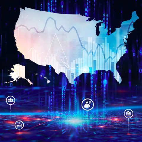 Map of United States with statistical graphic overlays. 