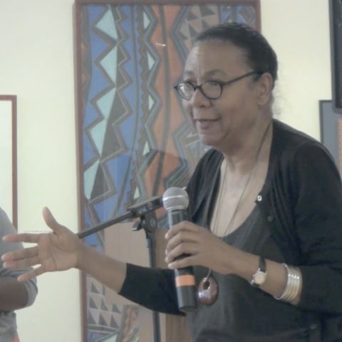 Faculty member Melynda Price and bell hooks at 2014 campus event