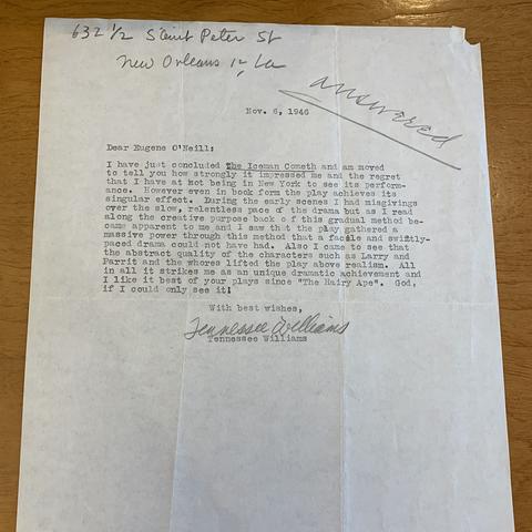 photo of letter from Tennessee Williams to Eugene O'Neill