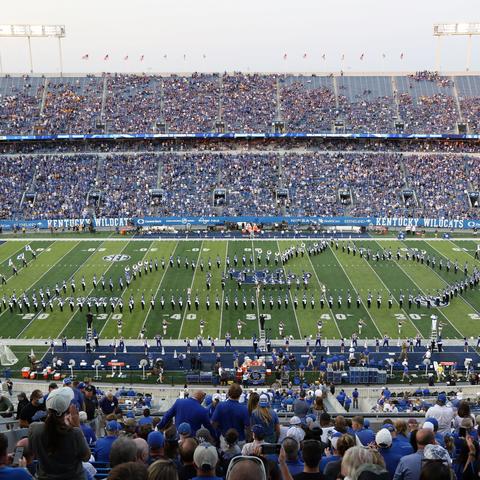 photo of Wildcat Marching Band in state outline formation at 9/11/21 football game