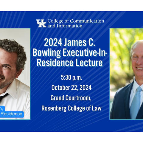 The 2024 James C. Bowling Executive-in-Residence Lecture will take place at 5:30 p.m. on Tuesday, Oct. 22 in the Grand Courtroom of the Rosenberg College of Law. 