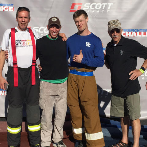 Photo of Competitor Dirk Fuhrman, Mark Abel, Anssi Saari, Scott Firefighter Combat Challenge President Paul Davis and competitor Ryan Fitzgerald 