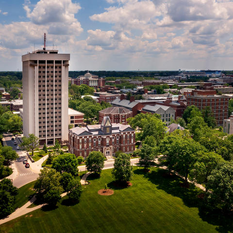 aerial photo of campus with the Main Building and Patterson Office Tower in center