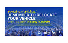 Graphic reminding Wildcats to relocate vehicles before a home football game, with Kroger Field in the background.