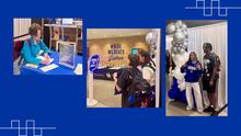 Three photos on a blue background show people at an event, including a seated participant at a table, attendees gathered near a display, and two people standing beside a balloon decoration.