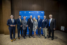 UK leaders were joined by members of the Barnstable Brown family and board members of The Bill Gatton Foundation to announce the gift. L-R Robert DiPaola, Jake Lemon, Simon Fisher, Ray and Barbara Edelman, Danny Dunn, Rob Peel, and Chipper Griffith.