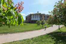 University of Kentucky campus building framed by flowering trees with pedestrians walking along a curved path on a sunny day.