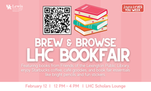 Pink flyer for the LHC Brew & Browse Bookfair with a QR code and a stack of books.