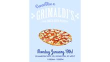 Promotional graphic with a light blue background advertising a DanceBlue collaboration with Grimaldi’s Coal Brick-Oven Pizzeria. A pepperoni pizza on a metal pizza peel is centered. Text reads: “DanceBlue x Grimaldi’s,” “Monday, January 19th,” 