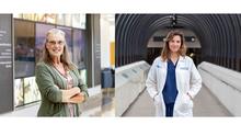  Two side-by-side portraits in a campus setting. On the left, a person stands with arms crossed in a bright indoor hallway. On the right, a person wearing a white coat stands in a covered outdoor walkway on campus.