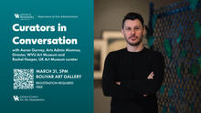 Poster for ‘Curators in Conversation’ event, with event details and a photo of a person standing with arms crossed.