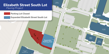 Map of the Elizabeth Street South Lot paving project. The existing lot west of Elizabeth Street is marked in red as closed; the expanded parking area beside it is marked in blue.