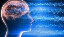 A digital illustration shows a side profile of a human head with the brain visible, overlaid with waveforms resembling brain activity signals. The blue background and lines suggest neurological monitoring or brain function analysis.