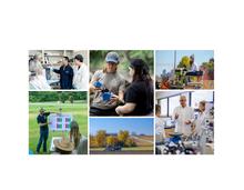 Collage of agricultural and scientific research activities. Images show researchers working with laboratory equipment, conducting field demonstrations, collecting soil samples outdoors, operating agricultural planting equipment in a field.