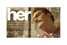 Promotional graphic for a screening of Her at the Worsham Theatre on Sept. 1, featuring a still image from the film and event details.