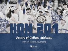 Group of college athletes celebrating on a poster advertising a talk titled “Future of College Athletics.”