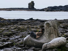 A person sits on a large rock formation along a rugged shoreline during a visit to a coastal landscape.