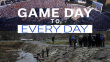 Composite image showing a packed football field on game day above a group gathered along a creek, with the words “GAME DAY TO EVERY DAY” across the center.