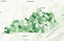 Map of Kentucky counties shaded in varying shades of green, with several counties shown in gray or white.