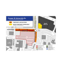 Map showing temporary lane and sidewalk closures and unavailable parking near Cooper and University drives.