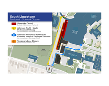 Map of the South Limestone Pavilion and Sidewalk Closure, showing closed sidewalk areas, pedestrian pathways and alternate pedestrian routes.