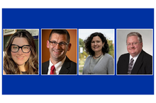 Four professional headshots displayed side by side against a blue background.