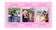 Three photo pink collage showing a couple on a football field, two people at a rocky coastal site and a couple on a tropical beach.