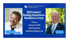 The 2024 James C. Bowling Executive-in-Residence Lecture will take place at 5:30 p.m. on Tuesday, Oct. 22 in the Grand Courtroom of the Rosenberg College of Law. 