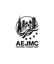 Black-and-white AEJMC logo featuring Chicago’s skyline, a train, wavy stripes and four stars above the text “AEJMC Chicago • August 2027.”