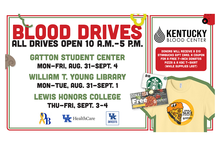 Graphic promoting Kentucky Blood Center blood drives at UK Aug. 31-Sept. 4 with donor incentives including a gift card, pizza coupon and T-shirt.