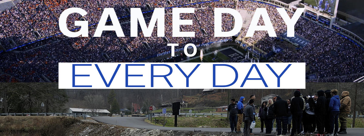 Composite image showing a packed football field on game day above a group gathered along a creek, with the words “GAME DAY TO EVERY DAY” across the center.