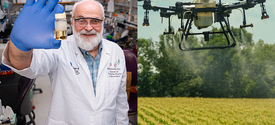 man in lab coat holds test tube with tick specimen and drone sprays cornfield