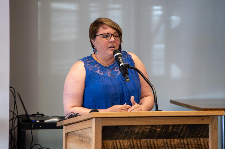 Rhea shared her testimony at the trauma survivors day celebration held in the Longship Club at Kroger Field. Hilary Brown | UK Public Relations