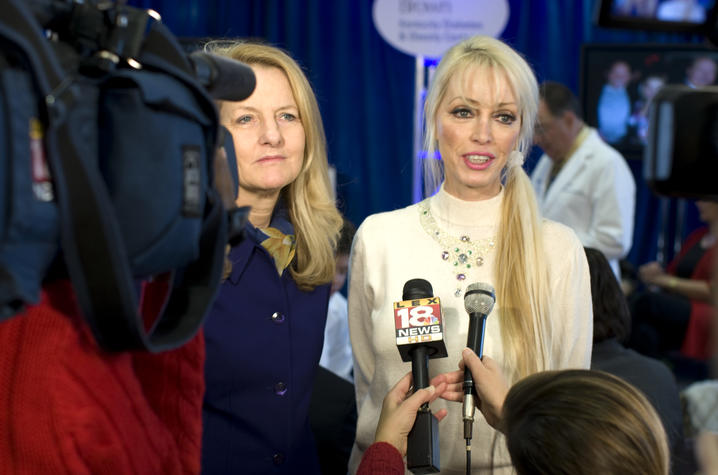 Accompanied by her sister Barbara Edelman (left), Tricia Barnstable-Brown speaks with reporters at the 2008 dedication of the UK Barnstable Brown Diabetes Center. Photo by Tim Webb.