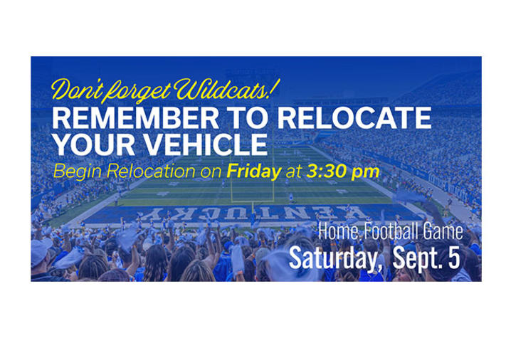 graphic about vehicle relocation Graphic reminding Wildcats to relocate vehicles before a home football game, with Kroger Field in the background.