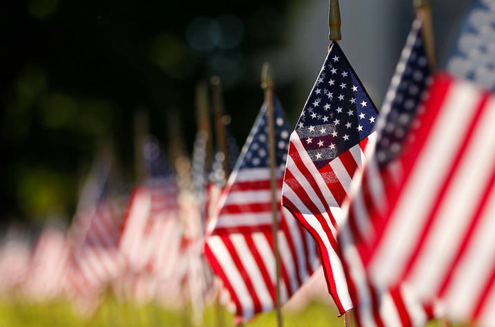 Photo of American flags on University lawn